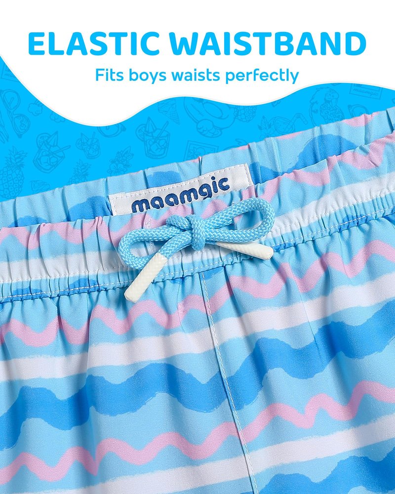 maamgic Boys Swim Trunks with Compression Liner Toddler Boy Swimsuit Quick Dry 4-Way Stretch Swimming Trunks Colorful Wave Line 7 Years