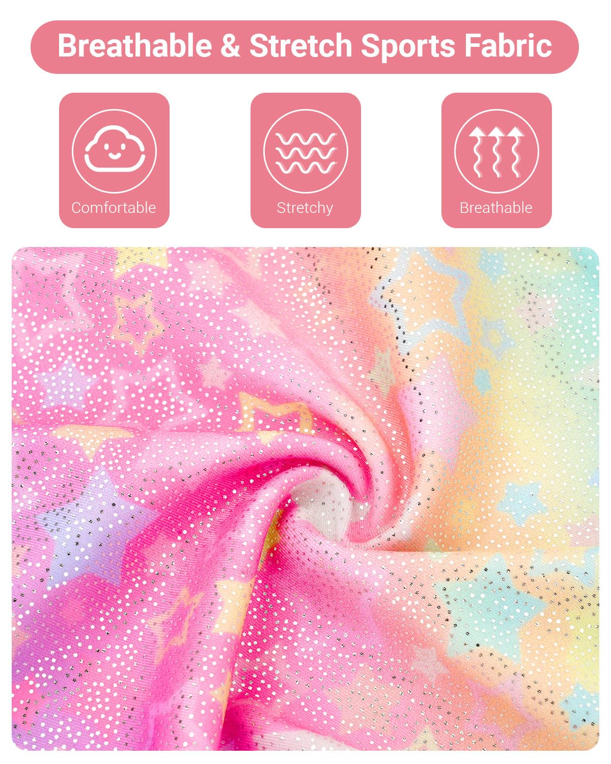 JiAmy Gymnastics Leotards for Girls with Cross Back, Sparkly Dance Unitards with Shorts Biketards Outfit Pink Stars 6-7 years