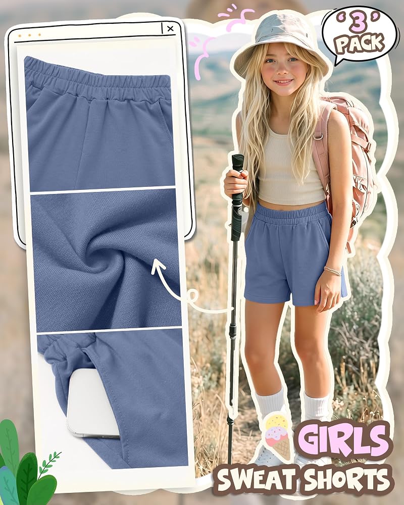 Girls Athletic Shorts 3-Pack - Haze Blue, Light Gray, Black 13-14 Years