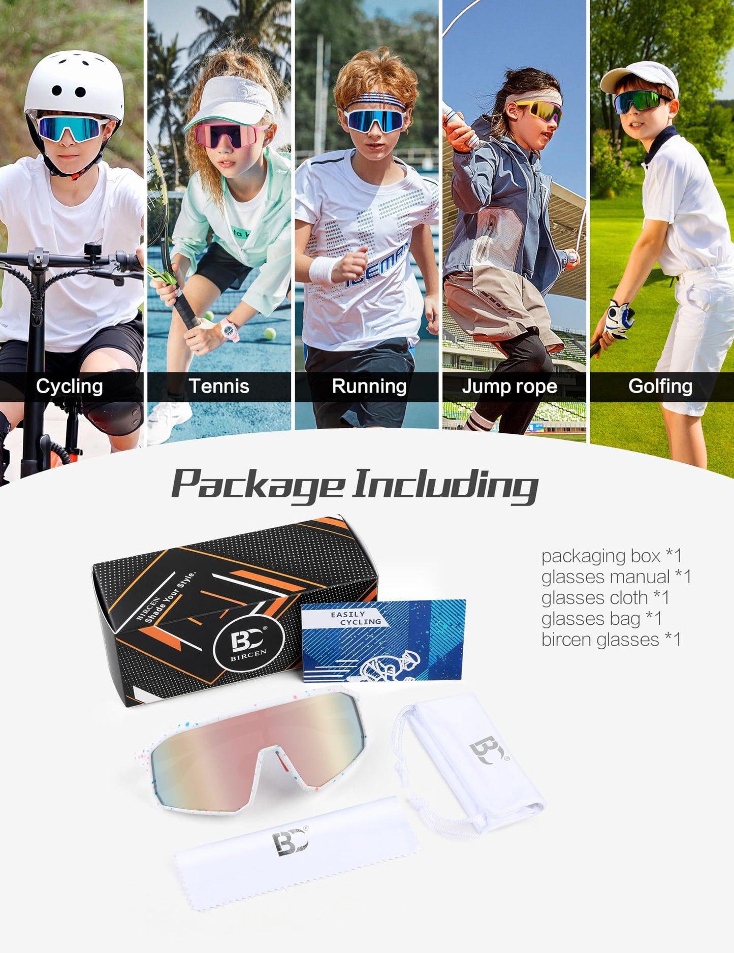 BIRCEN Kids Baseball Sunglasses for Youth - Boys Girls Polarized Sports Sun Glasses UV Protection for Cycling Age 5-12