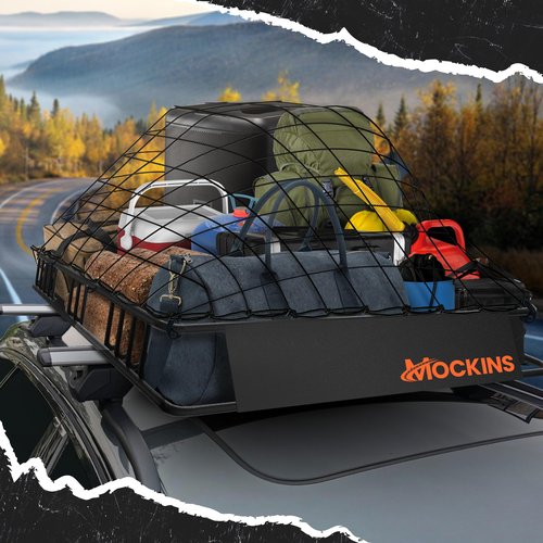 Mockins 84"x39"x6" XL Extendable Roof Rack Cargo Carrier for Top of Vehicle Storage | 250 Lbs. Capacity Weatherproof Steel Heavy Duty Roof Rack Basket | Rooftop Cargo Carrier Basket w/Straps & Net