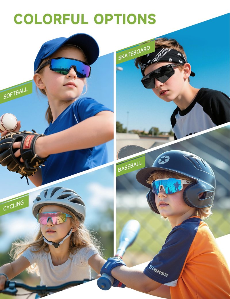 Foliful Kids Polarized Baseball Sunglasses for Boys Girls - Youth Softball Cycling Sports Sunglasses UV Protection Lightweight Goggles, Grey/Green/Red
