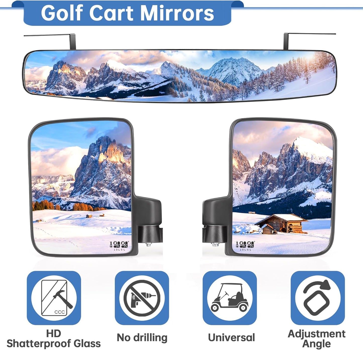 10L0L Golf Cart Mirrors, No Drilling 180 Degree Rotation & Foldable-HD Shatterproof Glass Mirrors for Golf Cart Club Car EZGO and Other, No Drilling Side Mirror & Rear View Mirror Kit