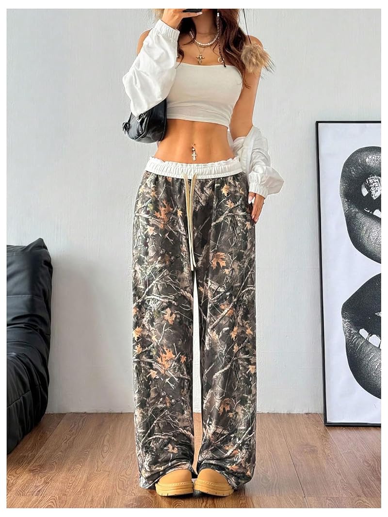 SOLY HUX Women's Camo Wide Leg Sweatpants - Green Camo, Medium