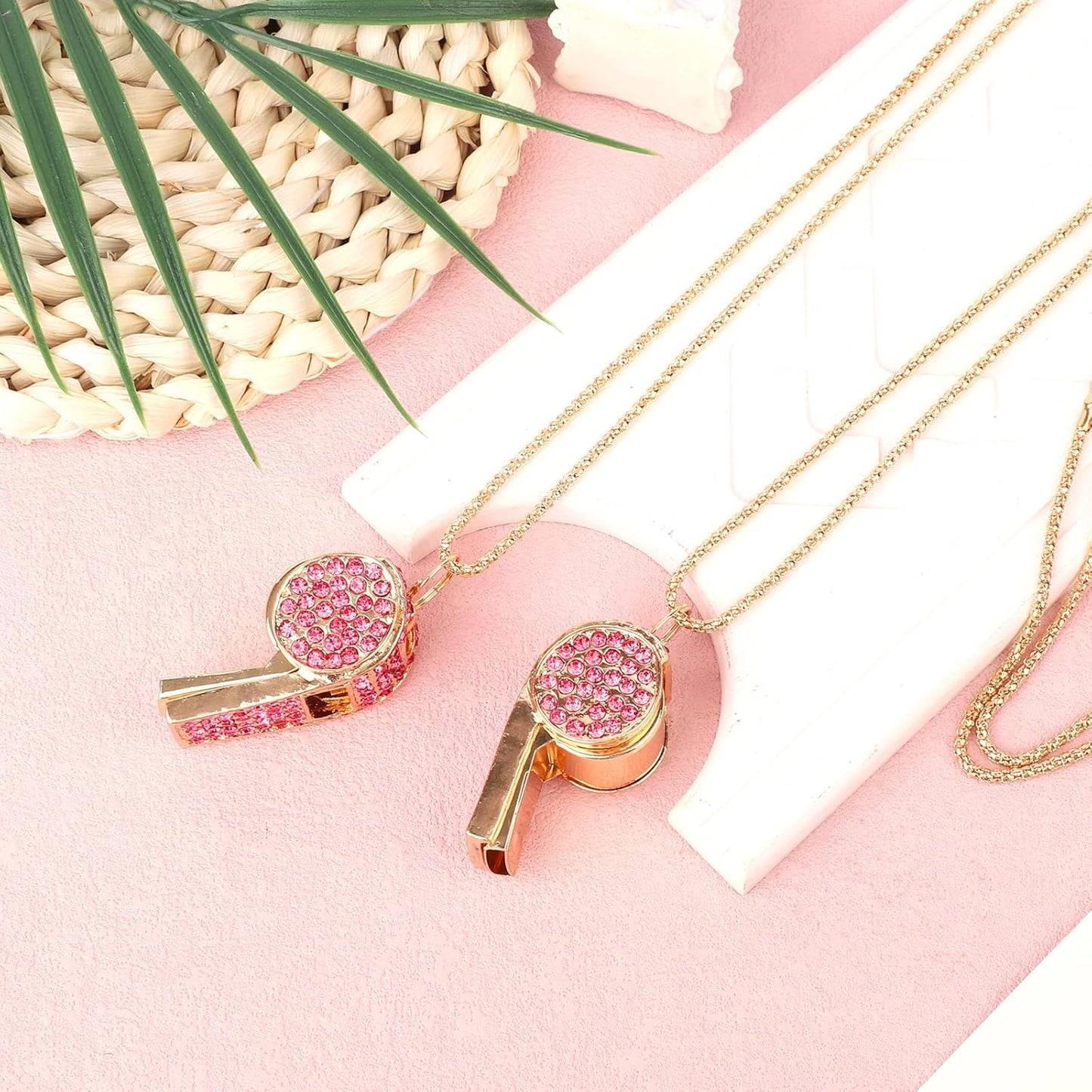 2pcs Bling Whistle, Metal Crystal Rhinestone Whistles Loud Crisp Sound Sports Whistle with Chain Lanyard Gifts for Teacher Referee Official Lifeguard Basketball Training (Gold, Pink)