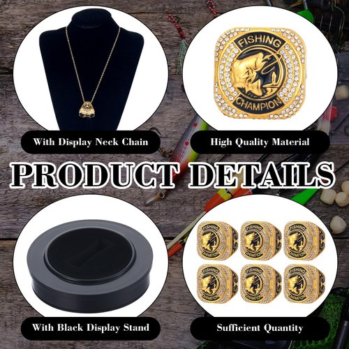 Liliaafar 6 Sets Fishing Championship Trophy Ring Gold Ring Awards Prize with Display Neck Chain and Stand Large Mouth Bass Trophies Gift for Fishing Tournaments Competitions Ceremonies, Size 11