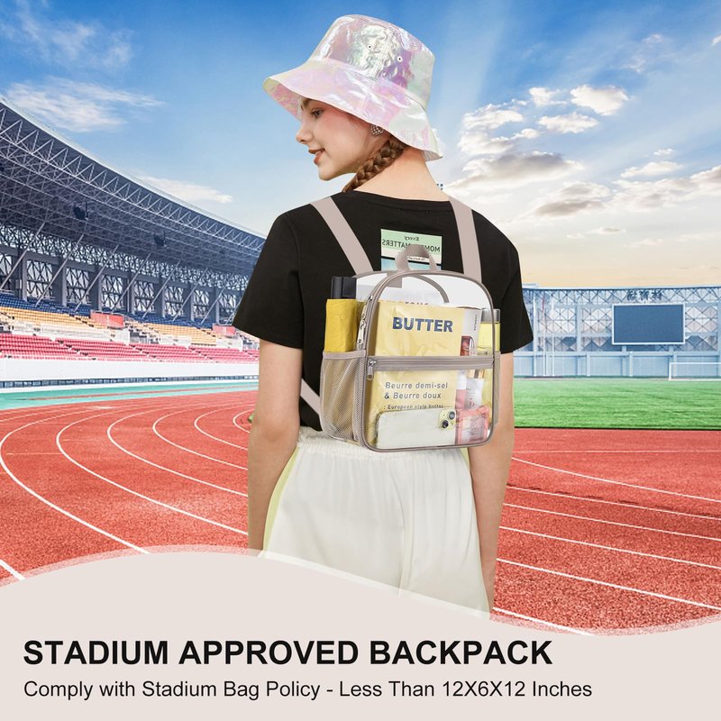Slumou Clear Backpack for Stadium Events 12x12x6 Sports Backpack Mini Small for Fan, Concert, Beach, Work, Travel & Sporting(Khaki)