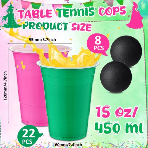 30 Pcs Cup Table Tennis Game Set 22 Plastic Party Cups 15 oz and 8 Black Balls Reusable Pink and Green Cups Ball Game for Drinks Picnics Birthday Halloween Christmas New Year Party Games Favors