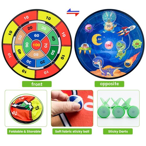 29’’ Large Dart Board for Kids, Space Dinosaur Double Sided Kids Dart Board, Dart Board with Balls for Kids, Outdoor Sports Fun Party Game Kids Toys, Gift for 3-12 Years Old Boys and Girls