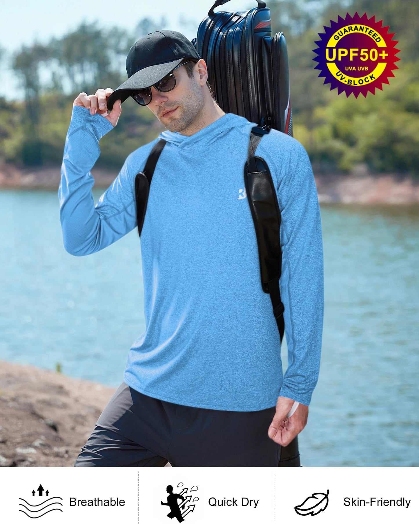 Roadbox Mens UPF 50+ Fishing Shirts - Long Sleeve UV Sun Protection Hoodie Outdoor Hiking Shirts for Sports Running