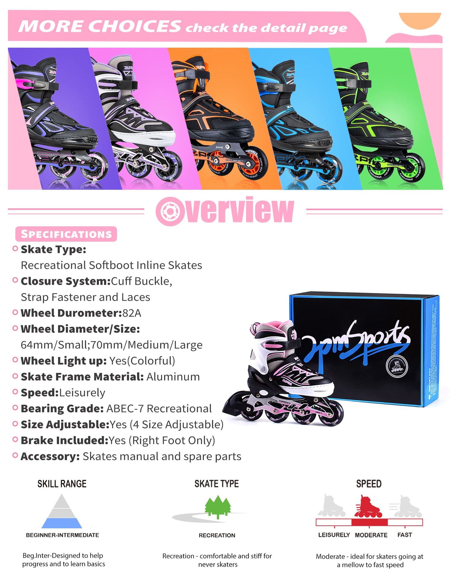 2PM SPORTS Cytia Pink Girls Adjustable Illuminating Inline Skates with Light up Wheels, Fun Flashing Beginner Roller Skates for Kids