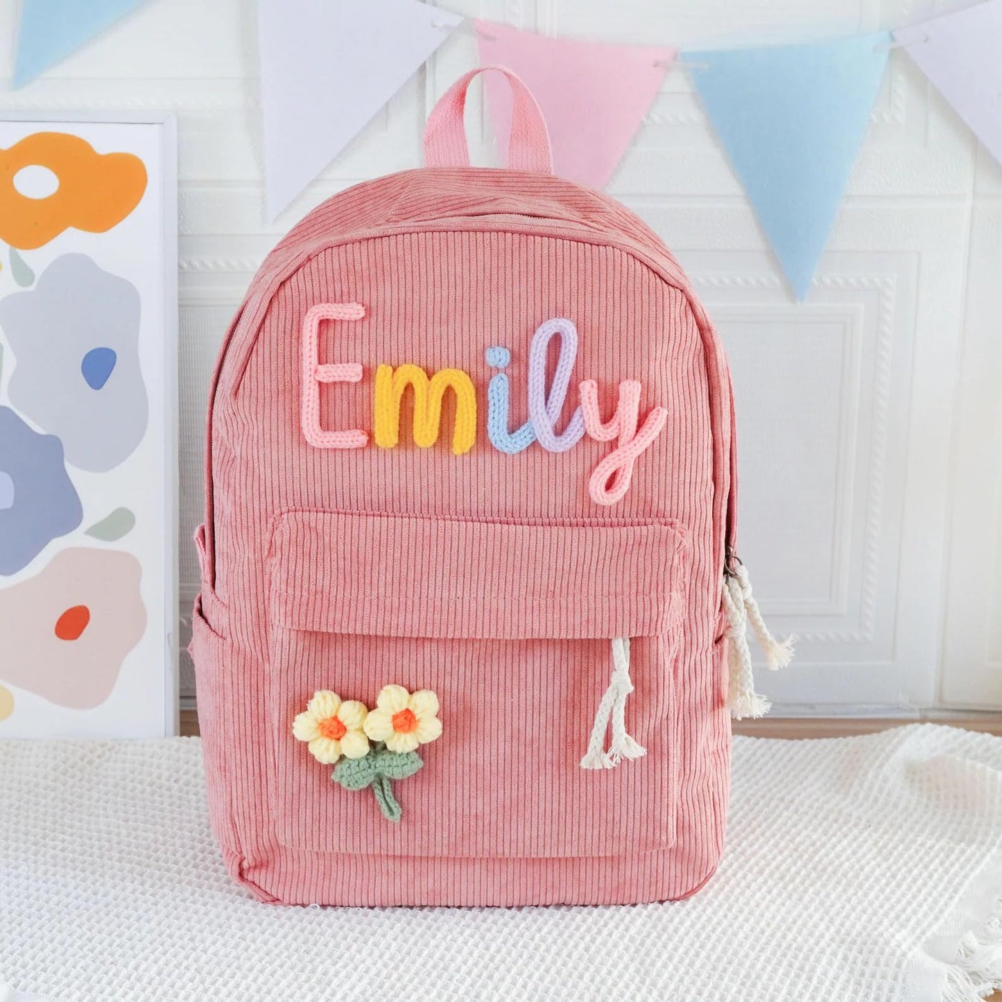 JINMA Personalized Embroidered Name Backpack – Custom Lettering Corduroy Bag with Floral Detail, Lightweight and Stylish