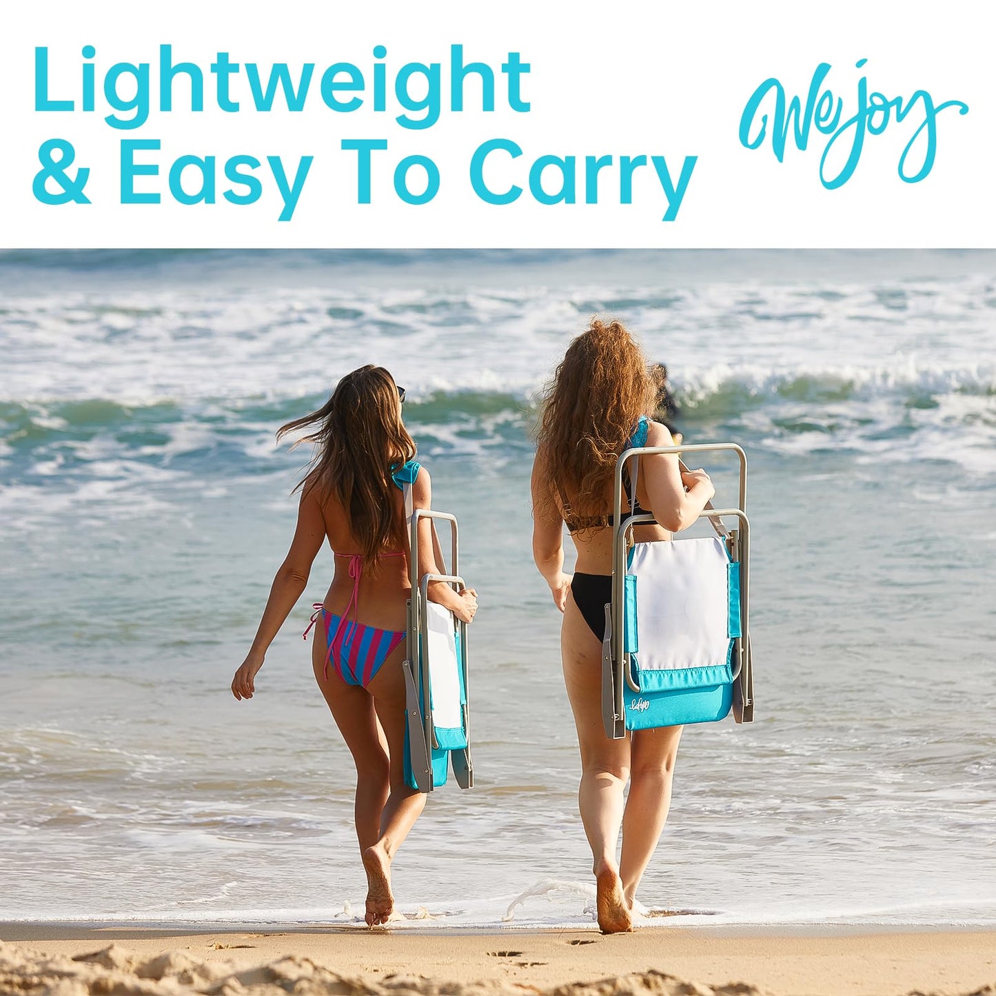 #WEJOY Folding Beach Chair for Adults, Lightweight Beach Chair with Shoulder Straps, High Back Camping Chairs with Hard Armrest, Supports 300lbs for Outdoor Lawn Concert, 2 Pack (Cyan)