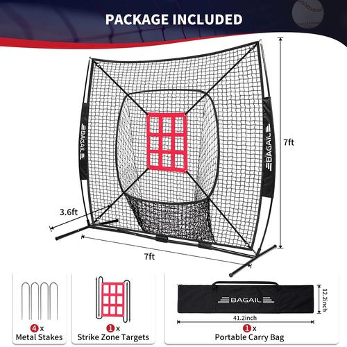 BAGAIL 7x7 ft Baseball & Softball Practice Net with Bow Frame for Batting, Hitting, Pitching, Portable Throwing Net with Strike Zone, Carry Bag, Softball Training Aid for All Levels