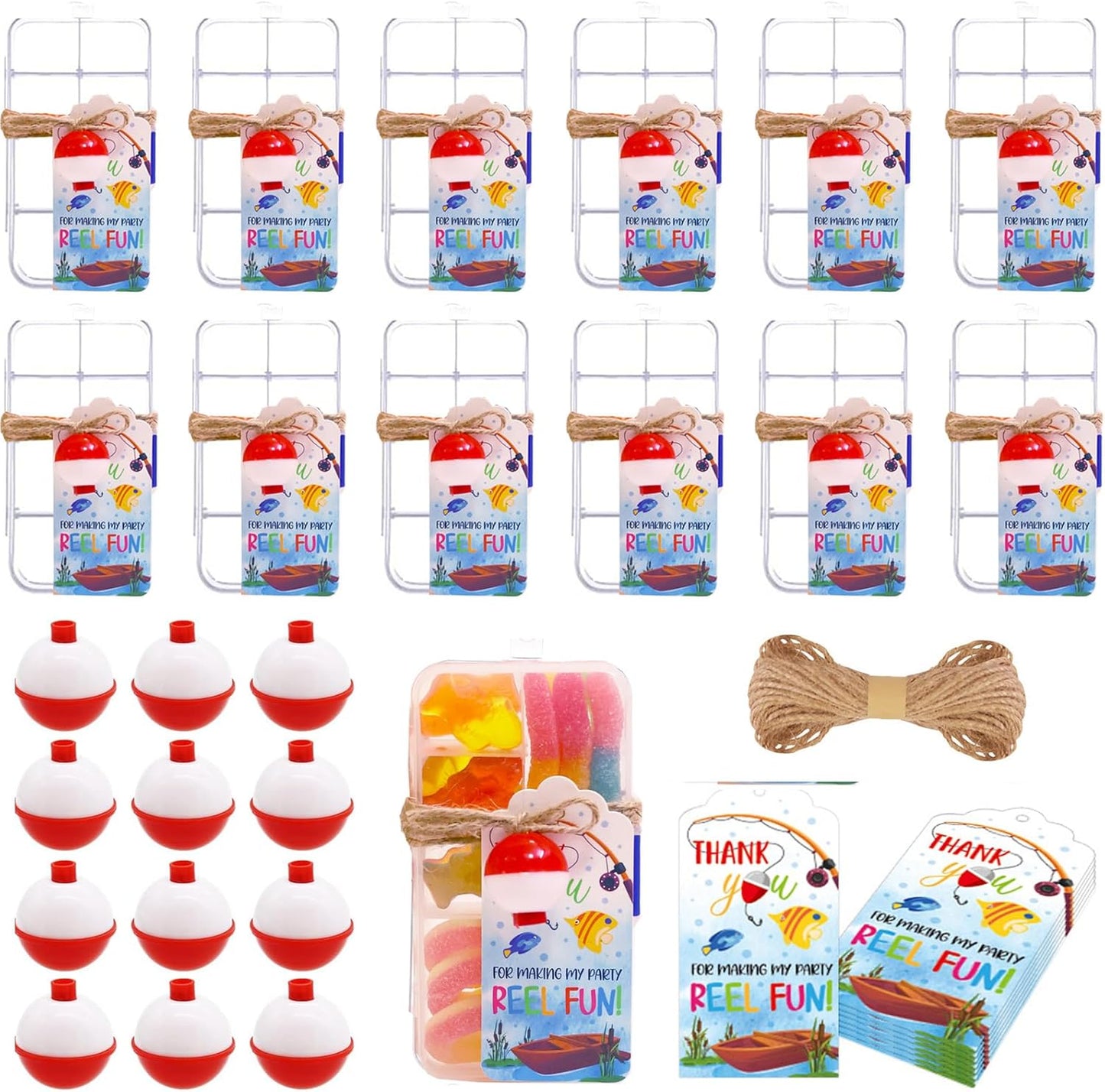 24 Set Fishing Candy Little Tackle Boxes for Birthday Party Favors with 24 Fishing Bobber 24 Thank You Cards for Making My Party Reel Fun Gone Fishing Theme Supplies Fishing Decorations (24)