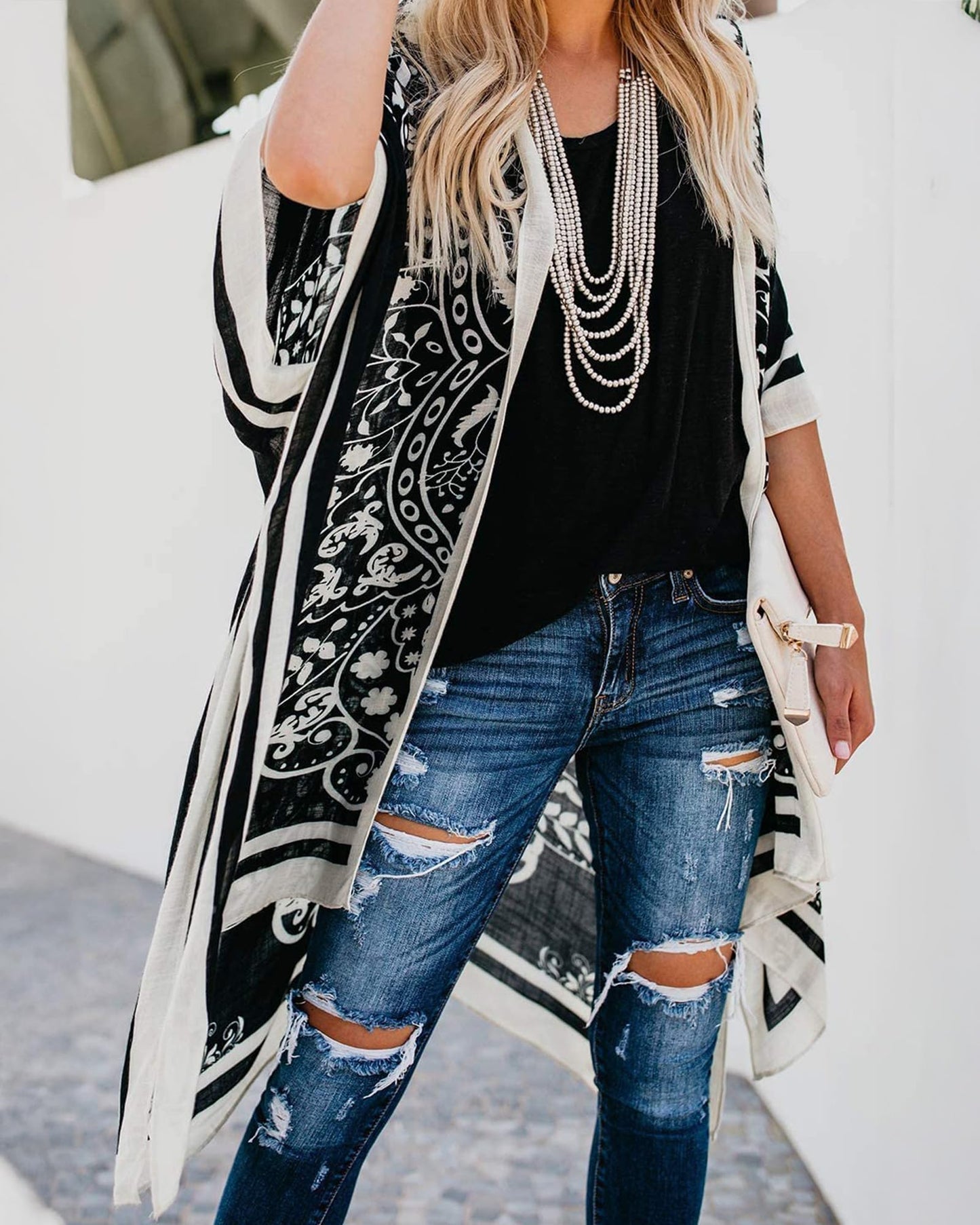 Summer Tops for Women Kimono Cardigans Plus Size Boho Bathing Suit Coverups(08-Black Boho,S)
