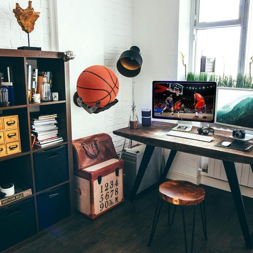 LOCZAR Basketball Holder Wall Mount 2 Piece Set, Men's Room Decoration Game Room Ball Wall Decoration Men's Basketball Gifts, Basketball Stand Wall Mount, Boys Room Sports Decor(Black)