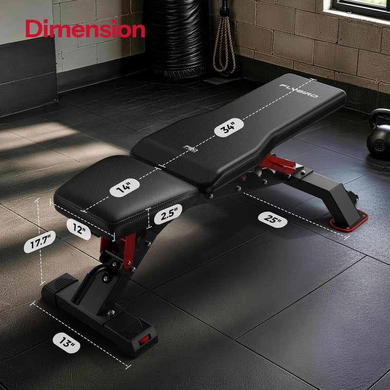 FLYBIRD WB7 Weight Bench, Commercial Grade Adjustable Weight Bench - 1300LBS Workout Bench for Home Gym, Flat Incline Bench Press Heavy Duty Bench with 34'' Extra-Long Backrest and Easy-Roll Wheels