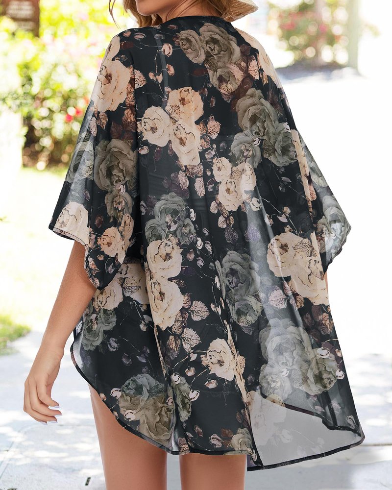 Womens Floral Tops Short Sleeve Casual Summer Loose Cover ups Shirts (Black Khaki Floral, L)