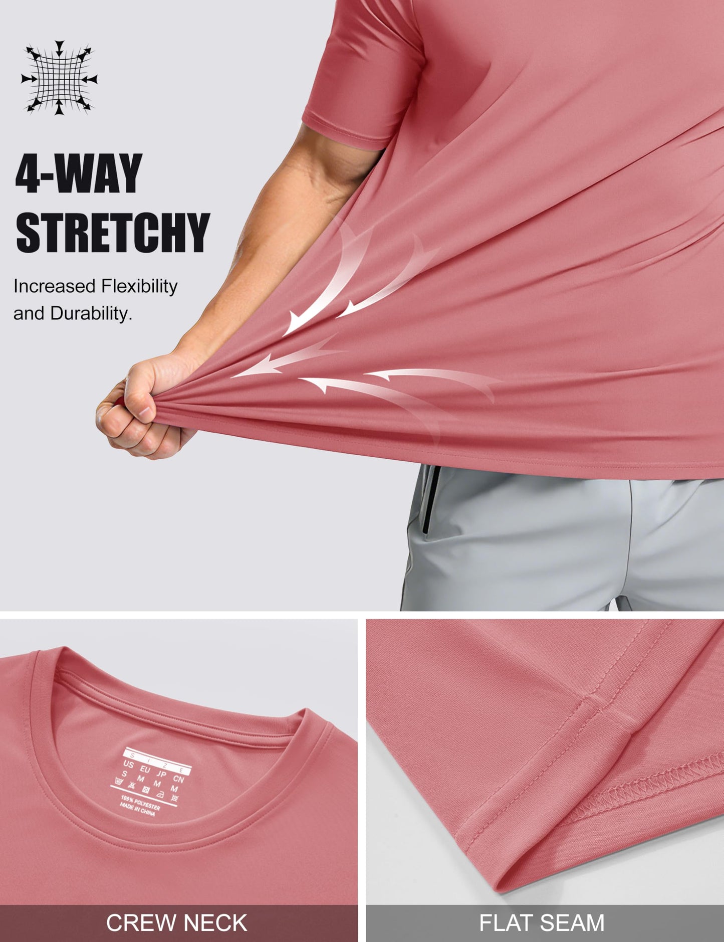 Dry Fit Shirts Men Workout Shirts Performance Shirts Rash Guards Shirts Moisture Wicking Running T-Shirt Outdoor Hiking Top Tee Grey Pink