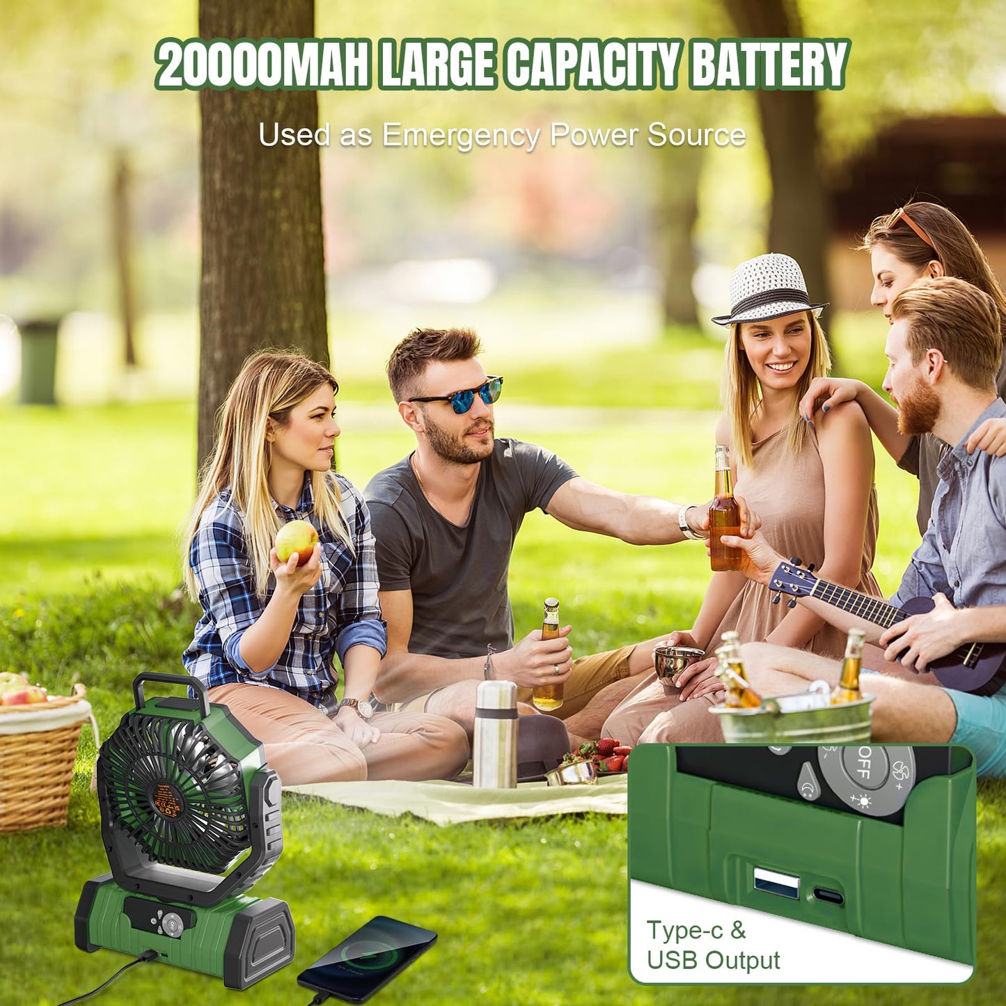 KEPEAK Rechargeable Camping Fan with LED Light, 20000Ah Battery Operated Powered Fan, 72H Runtime, Remote Control, 5.3m Airflow, Ultra-Quiet Portable Fan for Tents, Outdoor, Camping(Green)