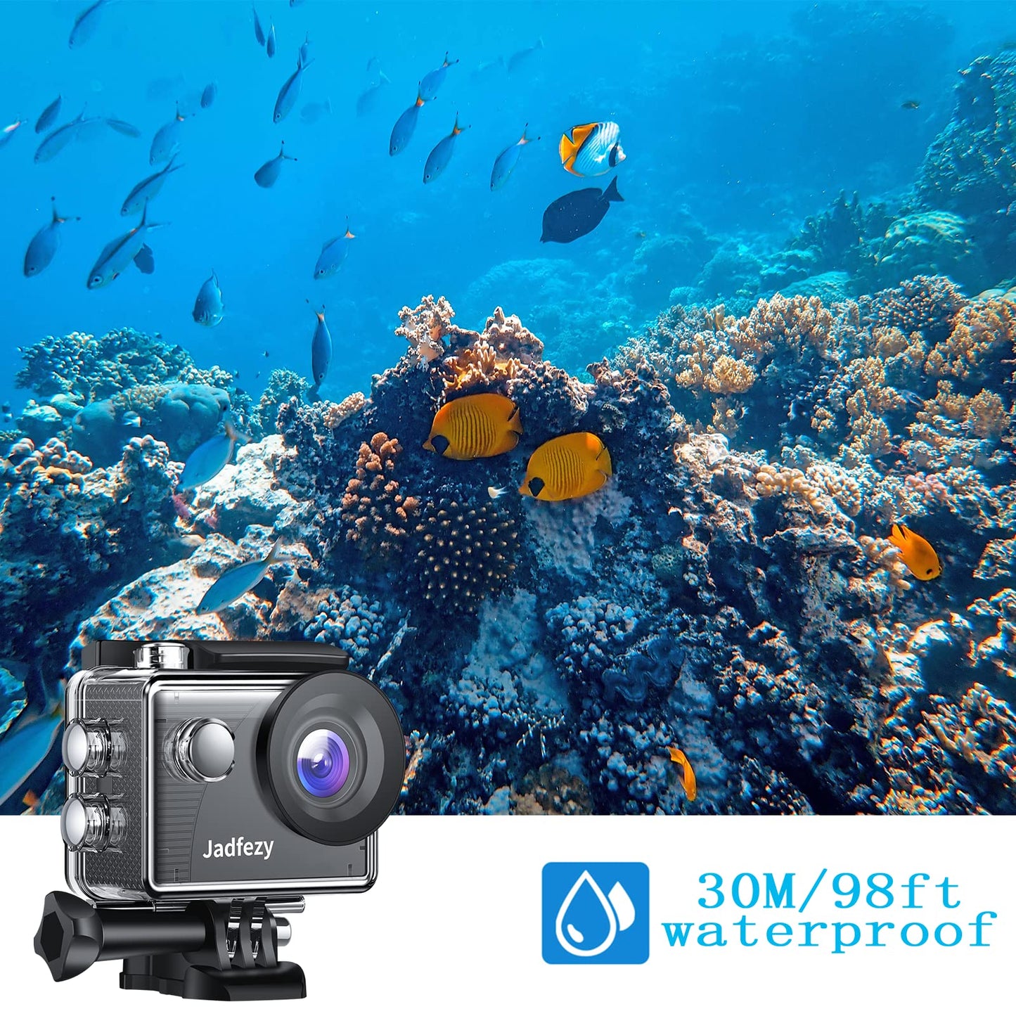 Jadfezy Action Camera FHD 1080P with 32GB Card, 98FT/30M Underwater Waterproof Camera with 2 Rechargeable Batteries, Wide Angle Sports cam with Accessories Kit Suitable for Helmet, Bicycle, etc.