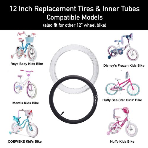 (2 Sets) 12” x 2.125 Kids Bike Replacement White Tires and Tubes - Compatible with Most 12”-12.5” Kids Bikes Like RoyalBaby, Schwinn, and Dynacraft - Made from BPA/Latex Free Butyl Rubber
