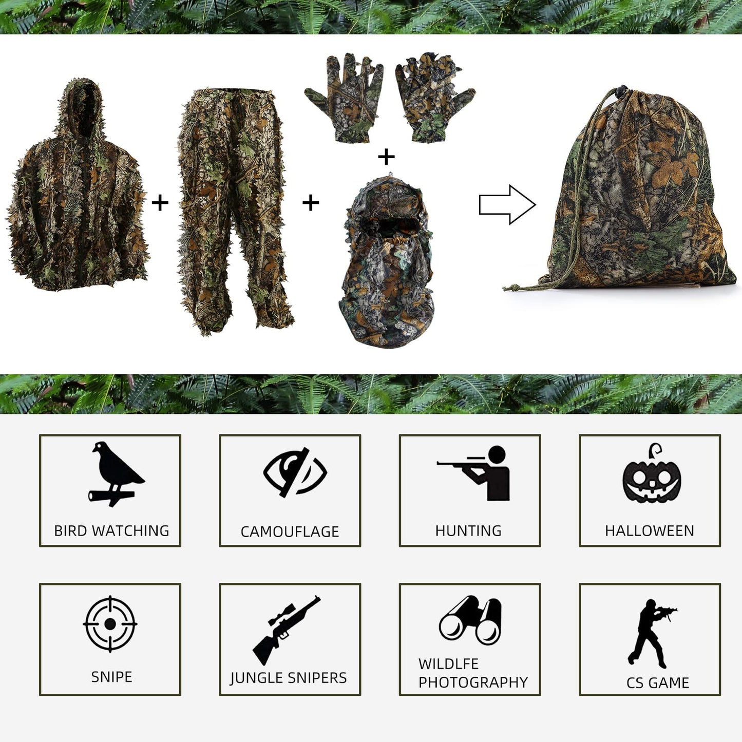 Zicac Ghillie Suit Full Face Mask Gloves Set, 3D Leafy Camo Suit, Ghillie Suit for Men, Camoflage Woodland Pants Jacket Hood for Outdoor Hunting,Airsoft Sniper Costume,Wildlife Photography,Halloween