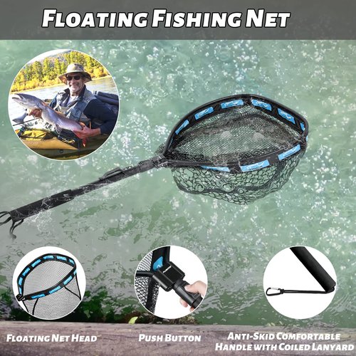 PLUSINNO Floating Fishing Net, Rubber Coated Fish net for Easy Catch and Release, Fishing Nets Freshwater for Bass, Trout, Walleye, Kayak, Folding Landing Net for Easy to Carry and Storage