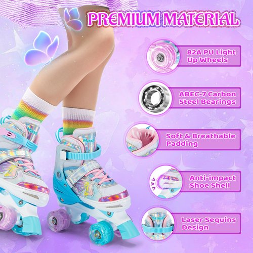 Girls Roller Skates, Butterfly Design 4 Size Adjustable Kids Roller Skates for Girls, Boy and Women, Fun Illuminating Toddlers Quad Skates for Beginners Youth Indoor Outdoor(Small, Pink Green)