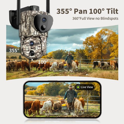 Oculview 4G LTE Cellular Trail Cameras, Dual Lens Security Camera Built-in SIM Card, 2K 360°View Live Video Game Camera, No-Glow IR Night Vision, Motion Activated, Solar Powered, Remote Phone Access