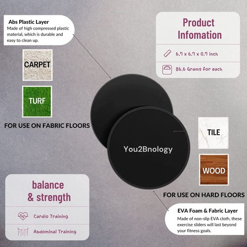 You2bnology Core Sliding Discs, Dual Sided Workout Sliders for Carpet & Hardwood Floor, Home Ab Pads Exercise Equipment Fitness Sliders for Women and Men (Black)