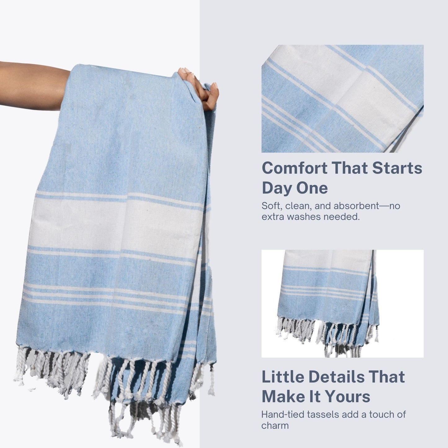 9Threads Cotton Turkish Beach Towel with Towels Oversized 36"x72" Pool Absorbent Extra Large Quick Dry Sand Travel Towel (Sky Blue, 4 Pack)