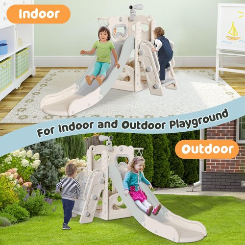 Babytronic Toddler Slide, 6 in 1 Kids Indoor Slide for Toddlers 1-3, Kids Playground for Indoor Outdoor with Basketball Hoop and Telescope, Indoor Outdoor Slide Playset (White&Gray)