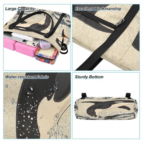 MCHIVER Killer Whales Waves Beige Black Yoga Bags for Women Pilates Bag with Adjustable Space for Yoga Mat Carrier for Beach Office Gym Workout Travel