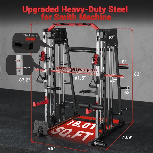 Smith Machine for Home Gym, Multifunctional Strength Training Power Cage with T Bar, Lat-Pull Down System and Cable System, 2200 Lbs Squat Rack with More Training Attachment, Black and Red