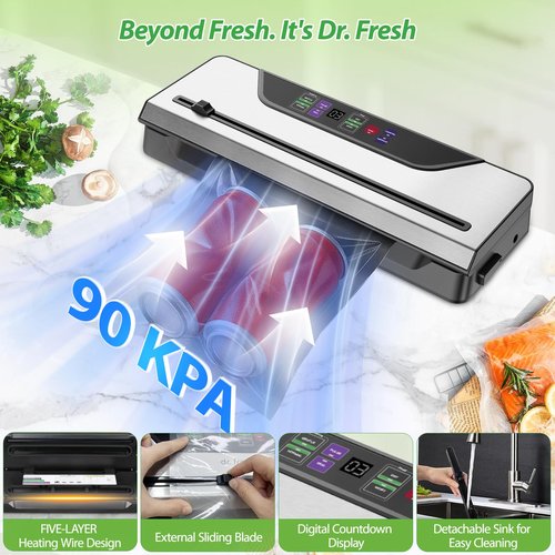Vacuum Sealer for Food, 10-in-1 Food Vacuum Sealer Machine for Freshness Storage, 90kpa Powerful Food Sealer with External Sliding Blade, Digital Timer, 1 Bag Rolls & 10 Pre-cut Bags, Accessory Hose