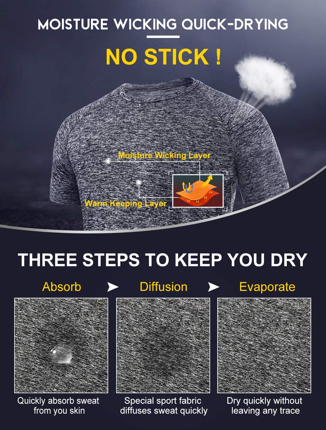 Xelky 4-5 Pack Men's Dry Fit T Shirt Moisture Wicking Athletic Tees Exercise Fitness Activewear Short Sleeves Gym Workout Tops Black/LightGray/LightBlue/Red/DarkBlue L
