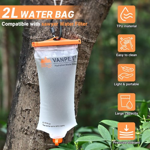 VANPET Upgrade Water Bag 2L Compatible with Sawyer Squeeze Water Filter, Durable TPU Material, BPA & PVC Free Squeeze Pouch, Collapsible Hydration Canteens for Camping Hiking Cycling (2L)
