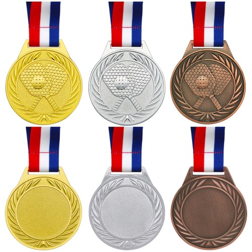 6 Pcs Pickleball Medals - 2.56 Inch Gold Silver Bronze Metal Pickle Ball Medal with V Neck Ribbons for Kids Adults Trophy Award Prize Gift