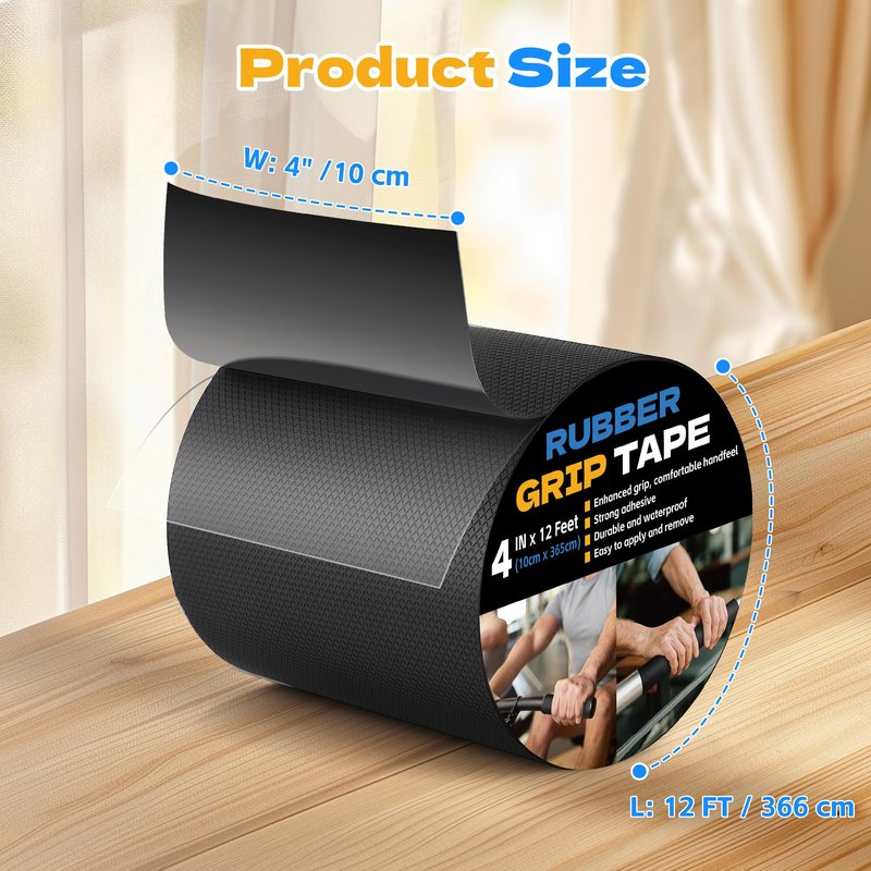Xfenvs Rubber Grip Tape, 4 in x 12 Ft Black Ultra-Thin Strong Adhesive Non-Slip Tape, Anti-Slip Grip Tape for Handles, Waterproof Heat Resistant Cushion Grip, Comfortable in Hands