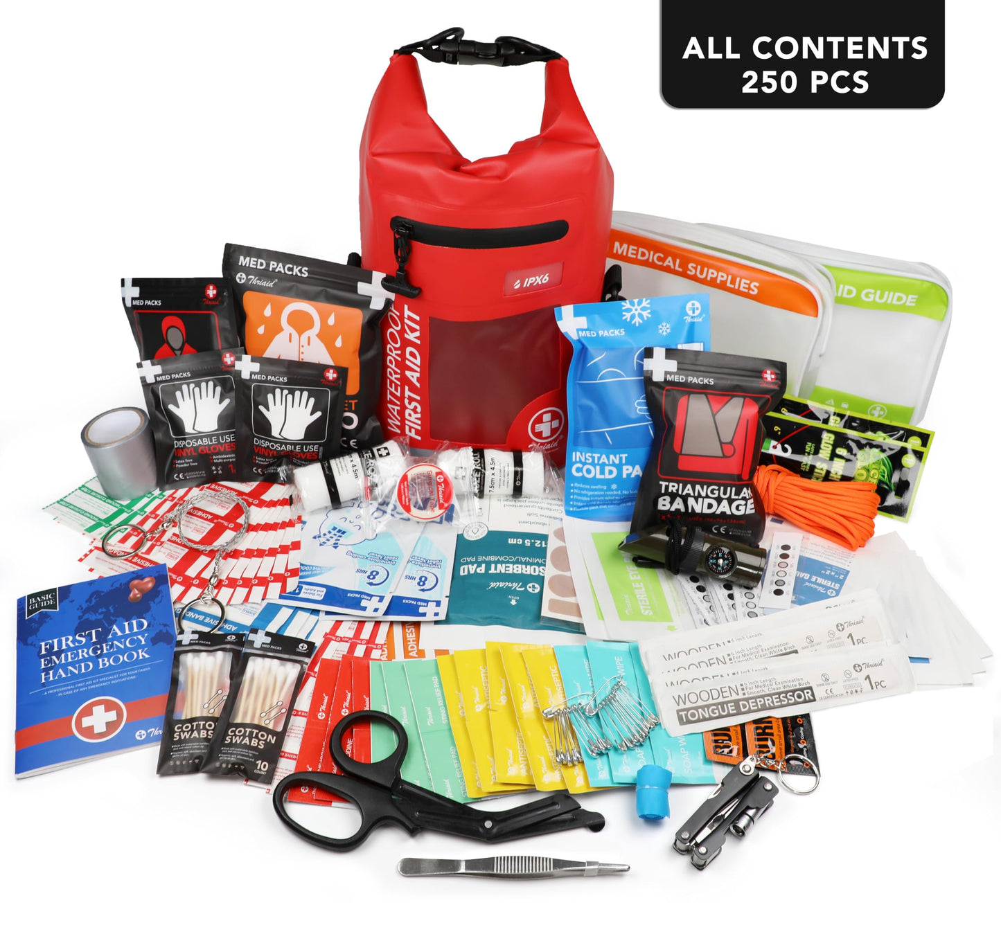 250 PCS Waterproof First Aid Kit, Roll Top Reflective Boat Dry Bag Bug Out Bag, Emergency Medical Kit Ideal for Boating, Camping, Fishing, Kayaking, Floating, Red