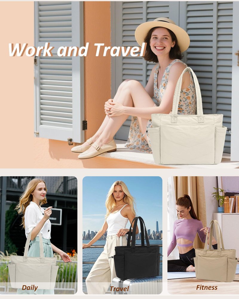 TANTOMI Tote Bag for Women Puffer Tote Bag with Zipper, Qulited Shoulder Bag Lightweight Handbags for Work Travel School Gym
