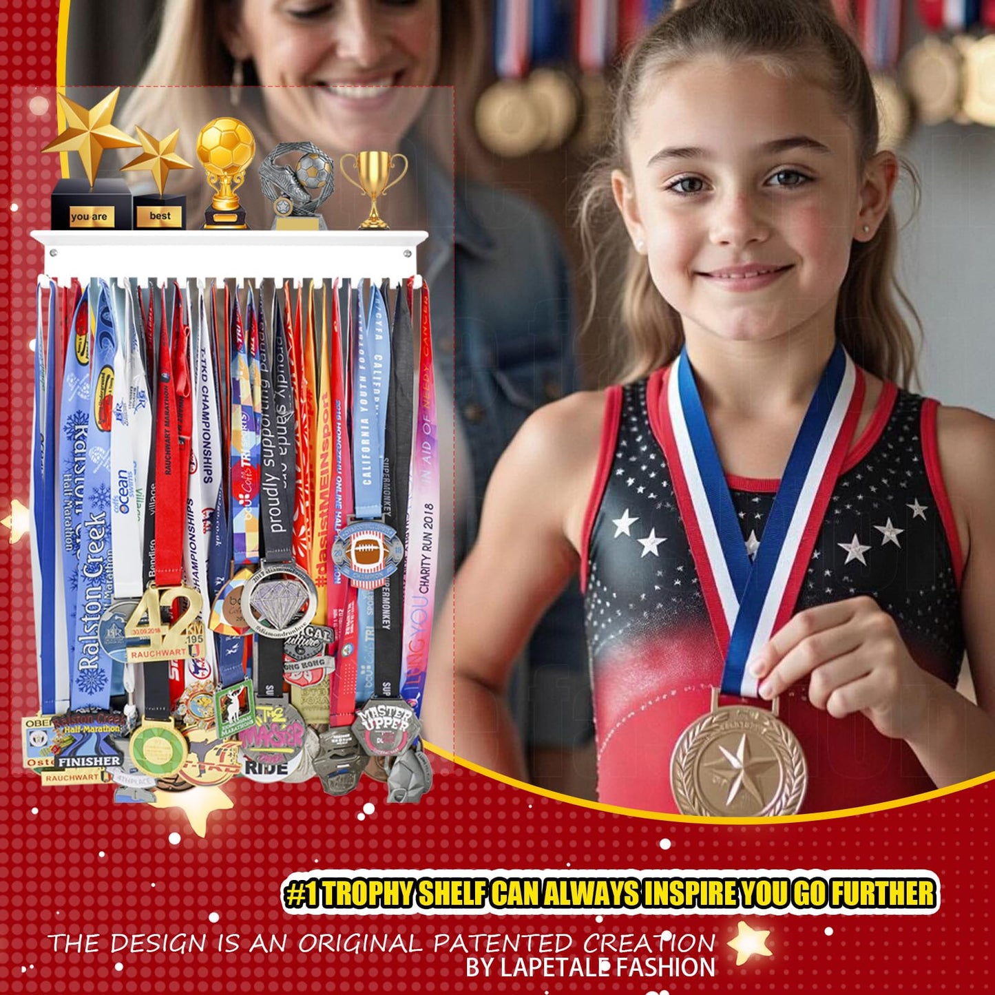 Lapetale Fashion Non-Slip Trophy Shelf - 16 Inch Medal Hanger Display for Wall with Upgraded Shelves for Trophies, Gymnastics, Soccer, Swim