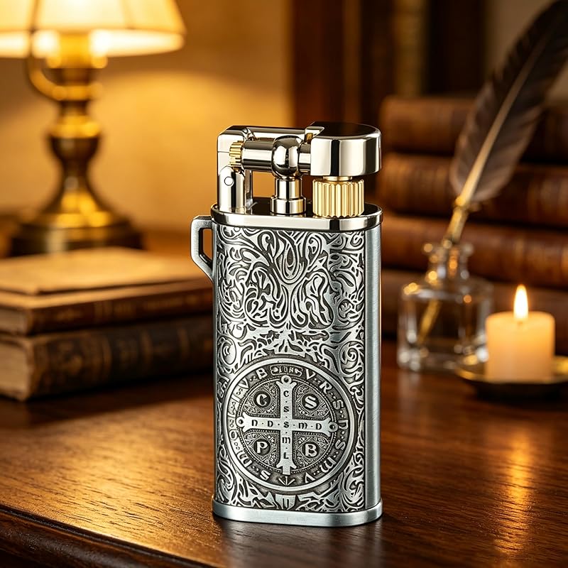 Vintage Butane Lighter with Saint Benedict Medal Motif, Refillable Pocket Trench Lighter