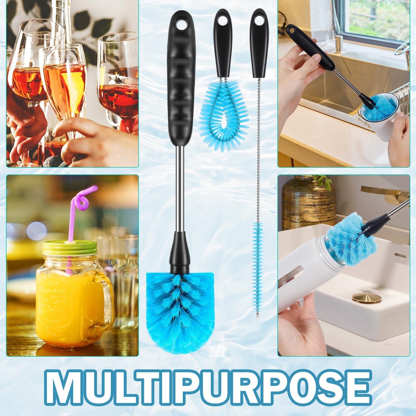 12.2 inch Bottle Brush Set of Three,Washable Coffee Cups, Water Bottles, Baby Bottles, Straws, to-go Cups, Long-Handled 3-in-1 Stainless Steel Bottle Brushes. (Blue)