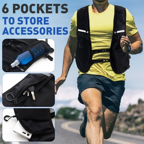 Sunnymove Running Vest with 500ml Water Bottle Reflective Hydration Water Vest with Soft Flask for Men Women Lightweight Breathable, Adjustable Chest Straps Marathon Accessories