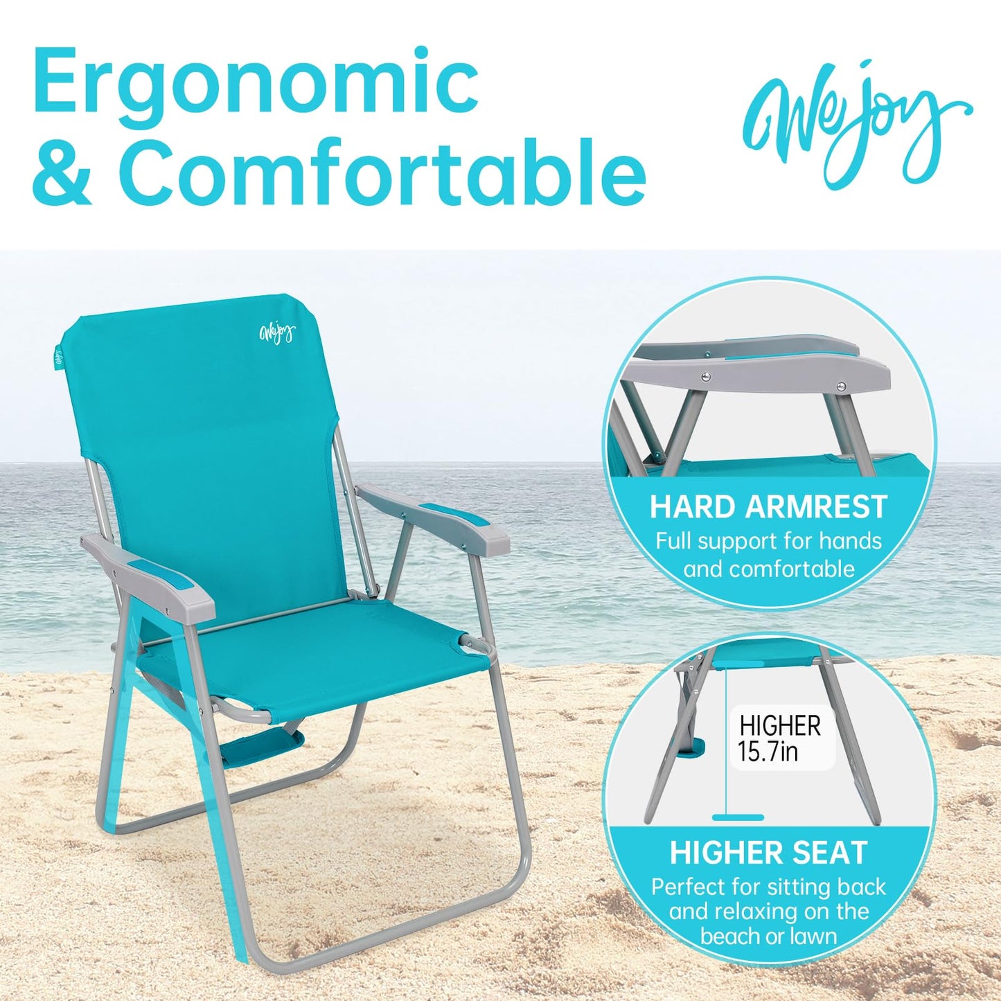 #WEJOY Folding Beach Chair for Adults, Lightweight Beach Chair with Shoulder Straps, High Back Camping Chairs with Hard Armrest, Supports 300lbs for Outdoor Lawn Concert, 2 Pack (Cyan)