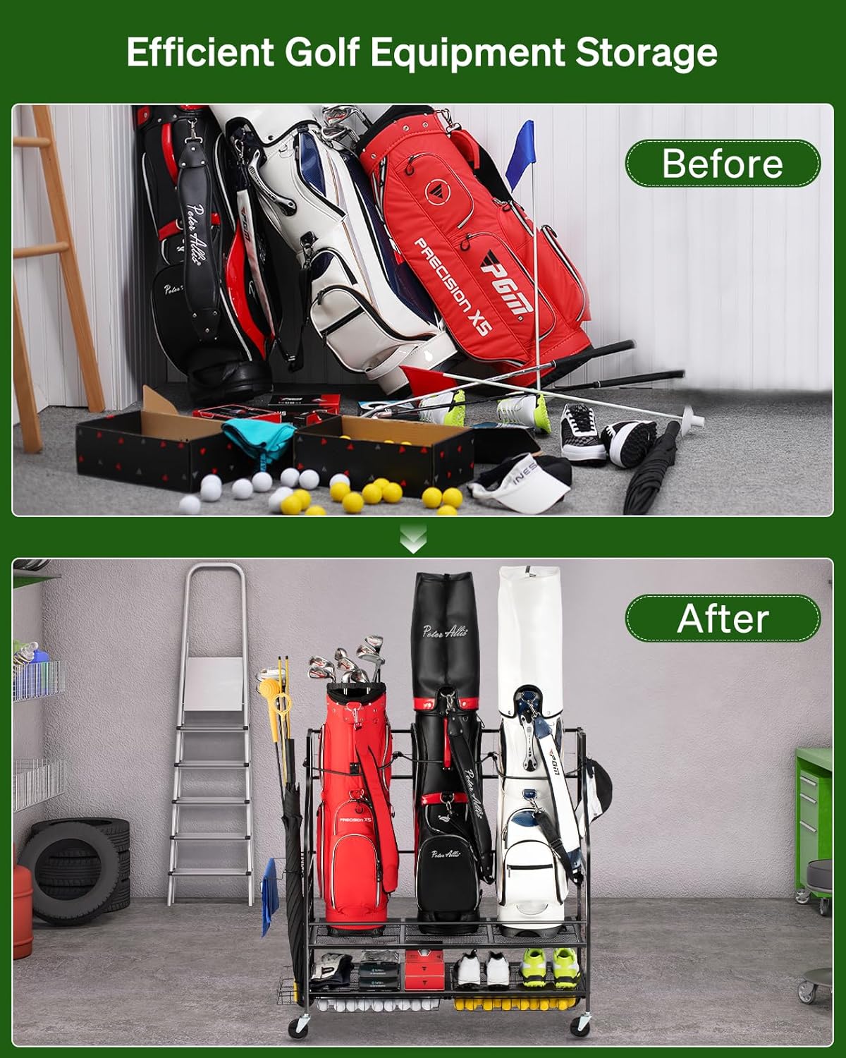 3 Golf Bag Storage Garage Organizer, Golf Bag Stand Fit for 3 Golf Bags, Golf Clubs, Golf Balls, Golf Equipment Accessories, Golf Bag Storage Rack with Wheels for Garage, Club, Shed, Basement