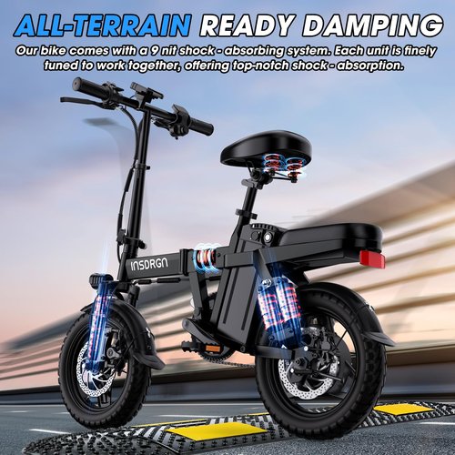 INSDRGN Electric Bike for Adults,14" Folding Adult E Bike with 500W Motor,20 mph,28 Miles Range,Advanced 9-Point Suspension & Pro-Level 44.99% Brake Ratio,Removable Battery,UL 2849 Certified